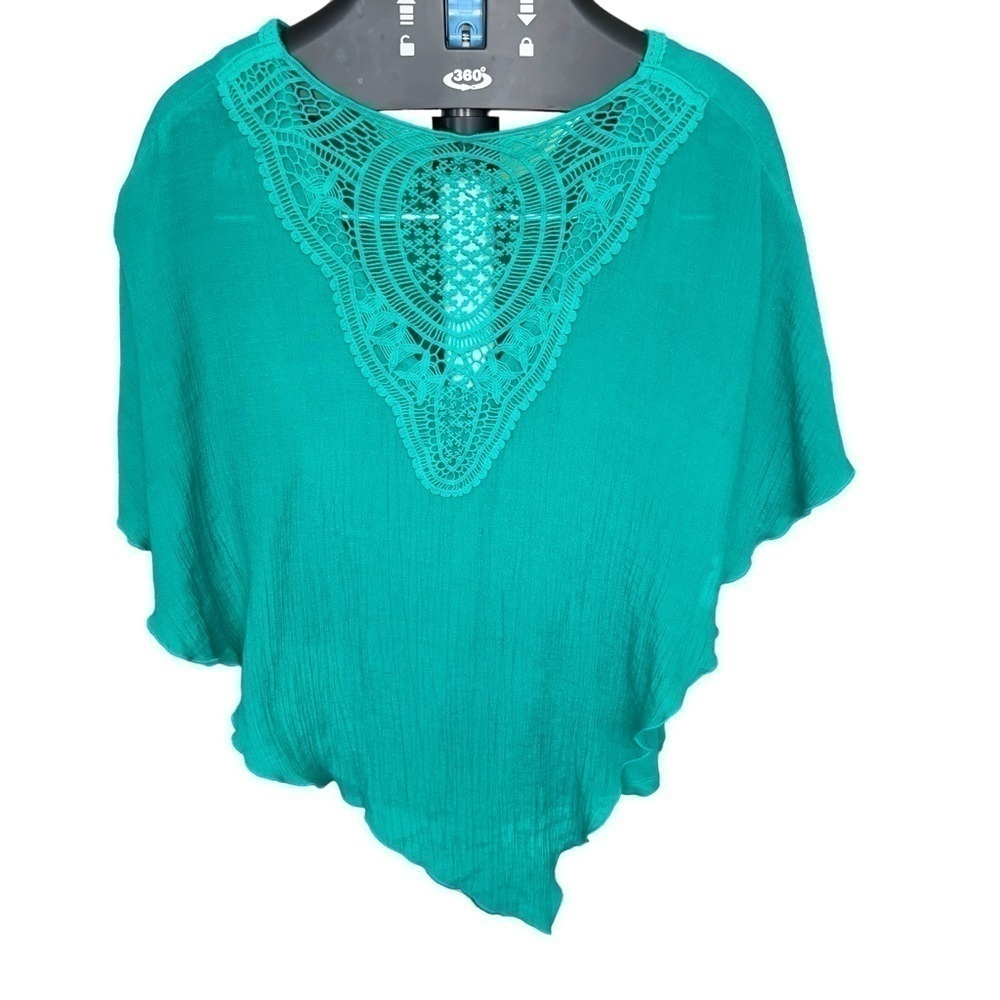 AB Studio Asymmetrical Teal Crochet Lace Back Popover Top size S